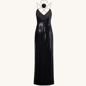 HEISEY BLACK SEQUINNED ROSETTE MAXI DRESS - BLACK